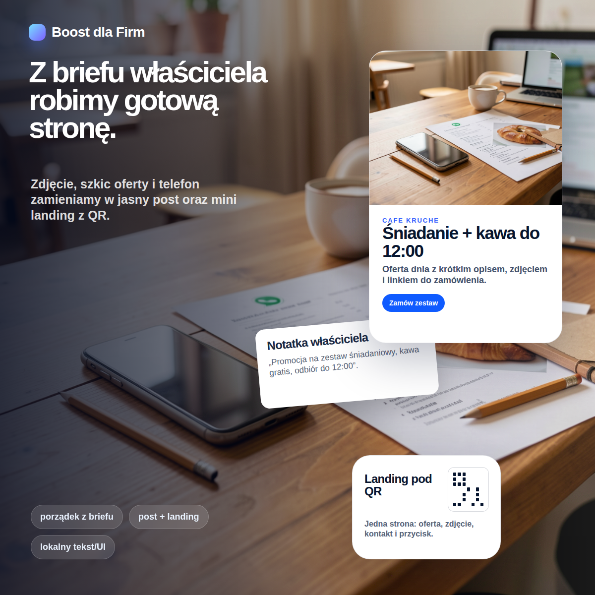Przykład briefu zamienionego w czytelną stronę oferty i QR