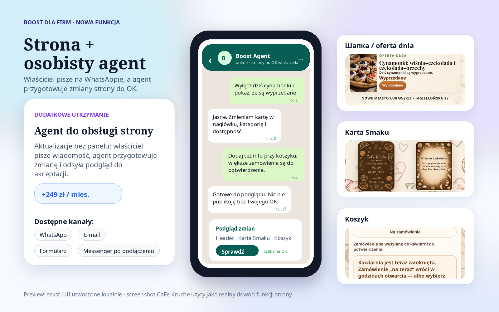 Przykład opieki nad stroną przez WhatsApp, formularz i Messenger po podłączeniu