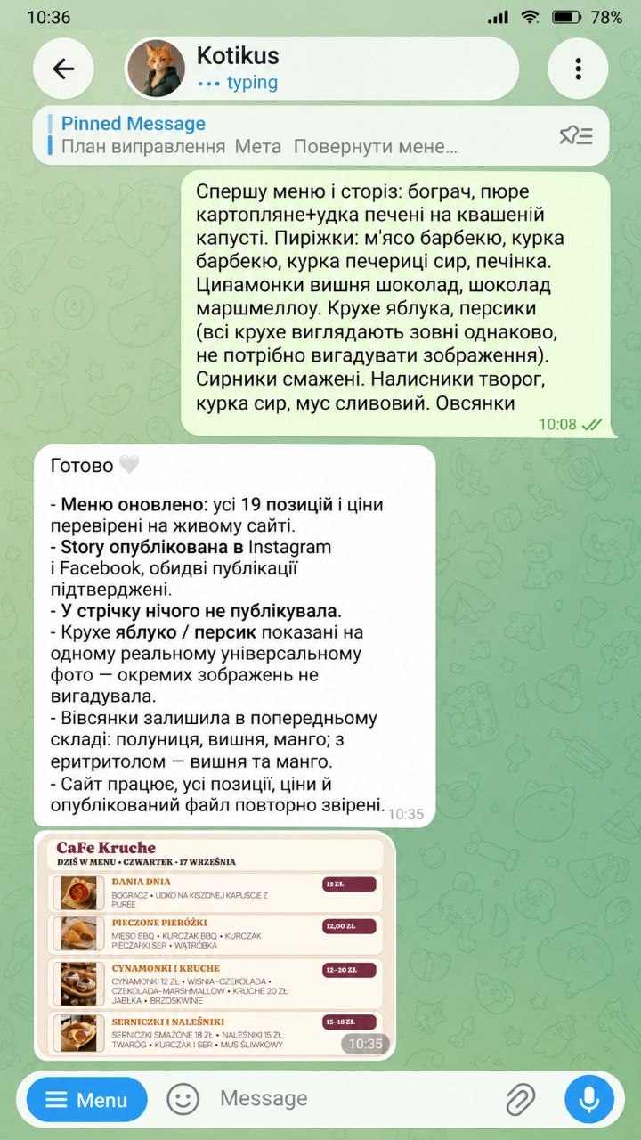 Rozmowa z agentem AI oraz przygotowany materiał z aktualnym menu kawiarni