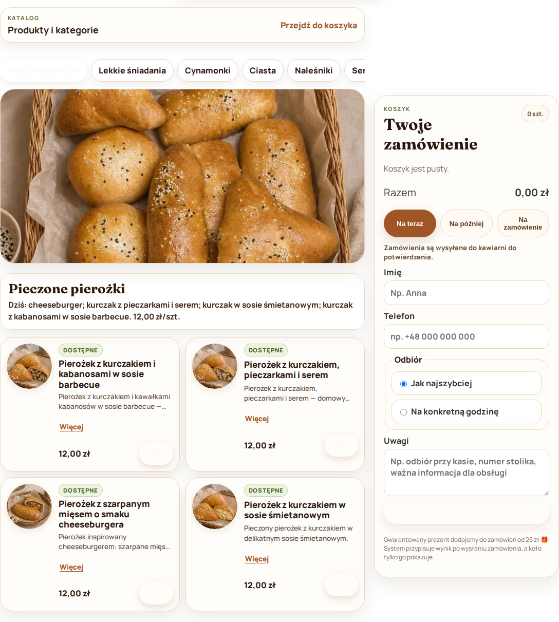 Ekran mobilnej strony kawiarni z menu i koszykiem zamówienia