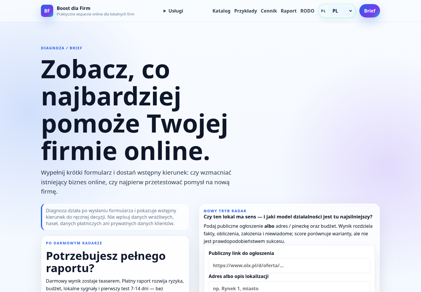 Ekran narzędzia Boost Radar z formularzem analizy biznesu